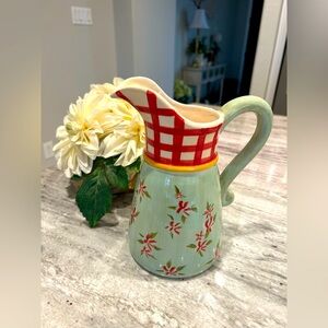 Hand-Painted Floral Pitcher with Red Checkered Design-Kelly Paulk for Gilvestri